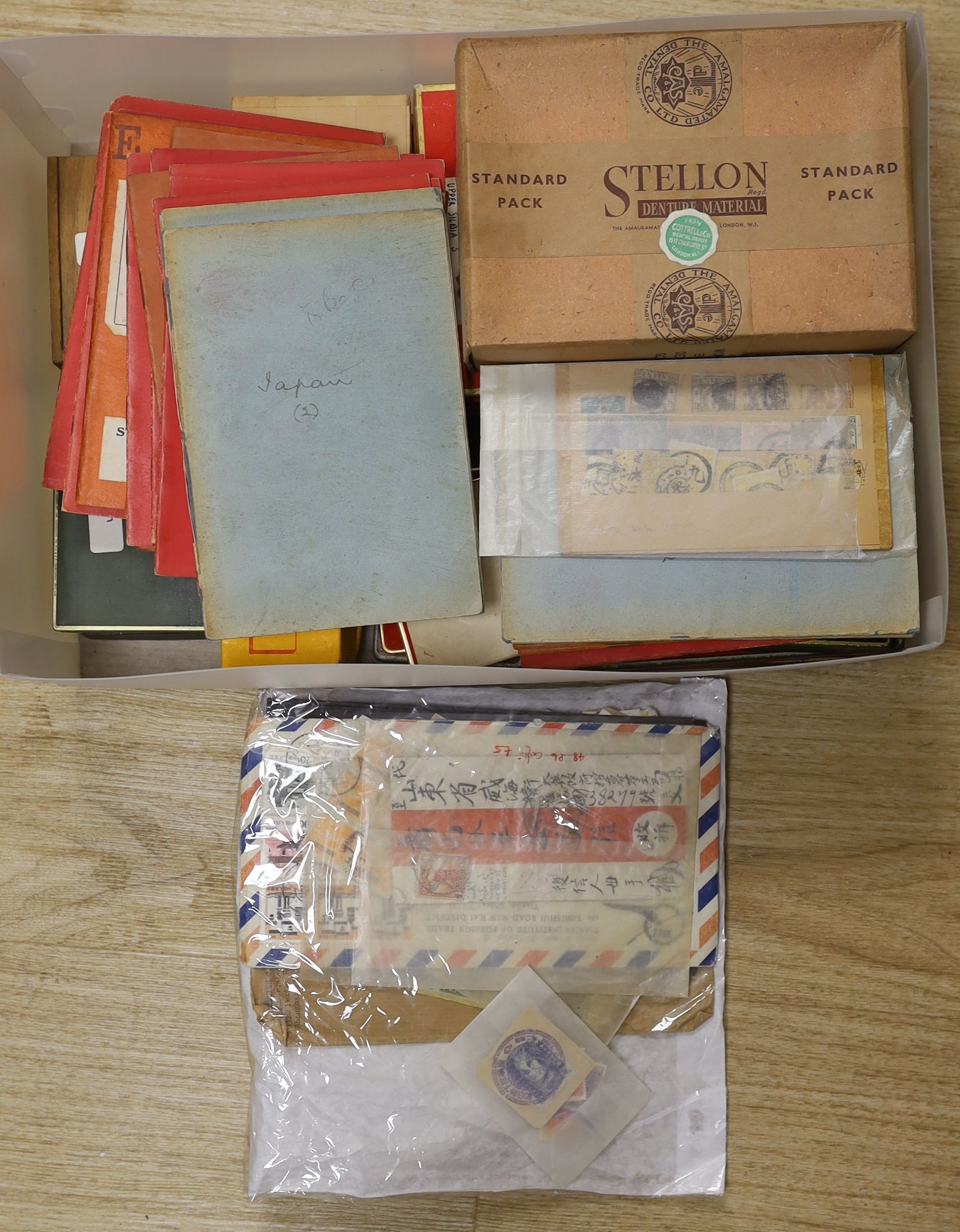 Old approval books and tins including China from 1878 3c. 5c. used, later 1898 mint low values, Japan, South America, loose in packet